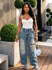 Plus Size Washed Holes Straight Jeans GYLN-0609
