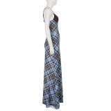 Plaid Patchwork Sling Backless Maxi Dress GPKJ-MR49476
