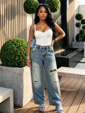 Plus Size Washed Holes Straight Jeans GYLN-0609