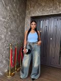 Plus Size Graffiti Washed Wide Leg Jeans GYLN-0320