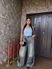 Plus Size Graffiti Washed Wide Leg Jeans GYLN-0320