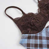 Plaid Patchwork Sling Backless Maxi Dress GPKJ-MR49476
