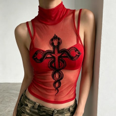 Flocked Snake-Pattern Mesh Two Piece Top GPKJ-MR49273