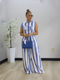 Contrast Color Stripe Sleeveless Shirt Pants Suit SFY-887