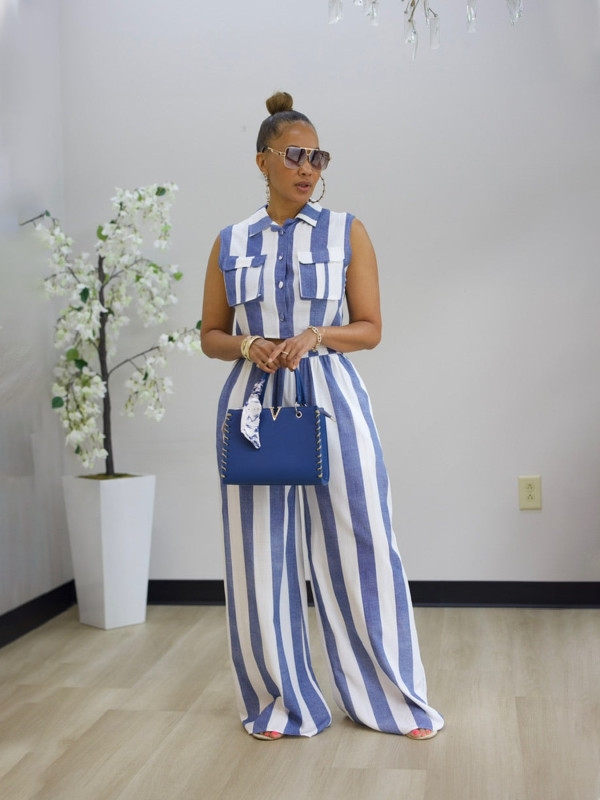 Contrast Color Stripe Sleeveless Shirt Pants Suit SFY-887
