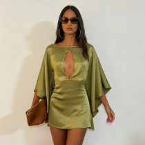 Hollow Out Satin Batwing Sleeves Mini Dress GPKJ-MR49610