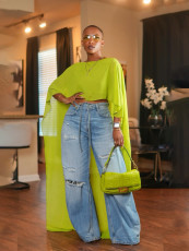 Loose Mesh Oversized Cape Bat Sleeve Crop Top SFY-896