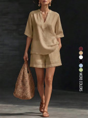 Loose V Neck Solid Color Two Piece Shorts Set GSRX-935