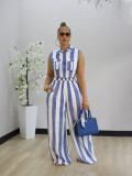 Contrast Color Stripe Sleeveless Shirt Pants Suit SFY-887