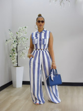 Contrast Color Stripe Sleeveless Shirt Pants Suit SFY-887