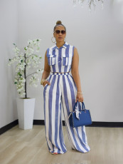 Contrast Color Stripe Sleeveless Shirt Pants Suit SFY-887