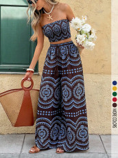 Bohemian-Print Strapless Top and Wide-Leg Pants Set GSRX-958