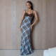 Plaid Patchwork Sling Backless Maxi Dress GPKJ-MR49476