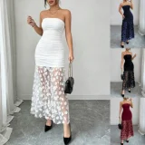 Solid Color Mesh Flower Patchwork Tube Top Dress GSRX-949