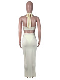 Solid Color Halterneck Bodysuit Two Piece Skirts Set SHD-9995