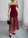 Solid Color Mesh Flower Patchwork Tube Top Dress GSRX-949