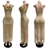 Knit Sheer Sequin Fringe Irregular Beach Dress CM-60622