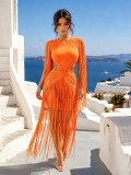 Hollow Out Long Sleeve Tassel Maxi Dress ZSD-0356