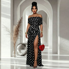 Polka Dot Print Off Shoulder Split Maxi Dress BY-7743