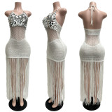 Knit Sheer Sequin Fringe Irregular Beach Dress CM-60622