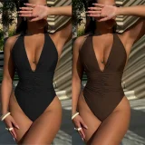 Solid Color Deep V Neck One Piece Swimsuit CSYZ-D651Q