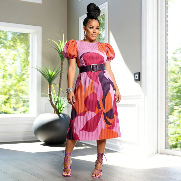 Print Puff Sleeveless Press Pleated Maix Dress(Without Belt) YF-11064