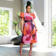 Print Puff Sleeveless Press Pleated Maix Dress(Without Belt) YF-11064