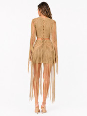 Hollow Out Long Sleeve Tassel Maxi Dress ZSD-0356