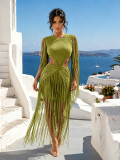 Hollow Out Long Sleeve Tassel Maxi Dress ZSD-0356