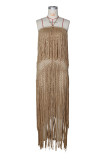 Knits Tassel Halterneck Backless Long Dress ZSD-0355