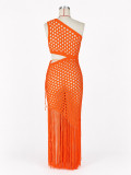 Slash Shoulder Hollow Out Tassel Maxi Dress ZSD-0357