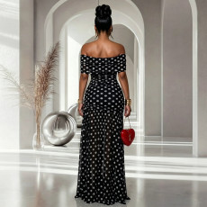 Polka Dot Print Off Shoulder Split Maxi Dress BY-7743