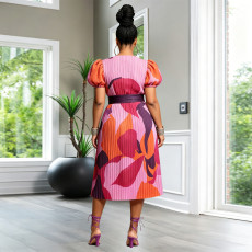 Print Puff Sleeveless Press Pleated Maix Dress(Without Belt) YF-11064