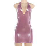 Bright-Colored Ice-Silk Halterneck Mini Dress GZJQ-K6D11216A