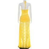 Lace Patchwork Halterneck Split Maxi Dress GDSF-D26DS201