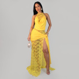 Lace Patchwork Halterneck Split Maxi Dress GDSF-D26DS201