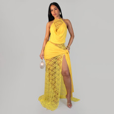 Lace Patchwork Halterneck Split Maxi Dress GDSF-D26DS201