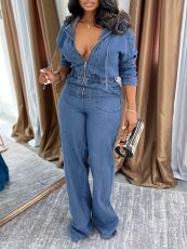 Fashion Denim Zipper Hooded Jumpsuit AIL-360