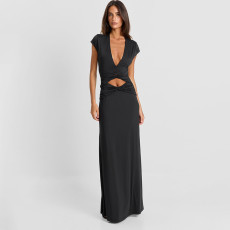 Hollow Out Deep V Neck Maxi Dress GSZM-C26DS262