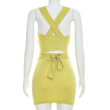 Solid Color Halterneck Tie Up Skirt Suit GSZM-D26ST246