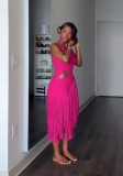 Solid Color Knits Short Sleeve Tassel Midi Dress GKYS-3087