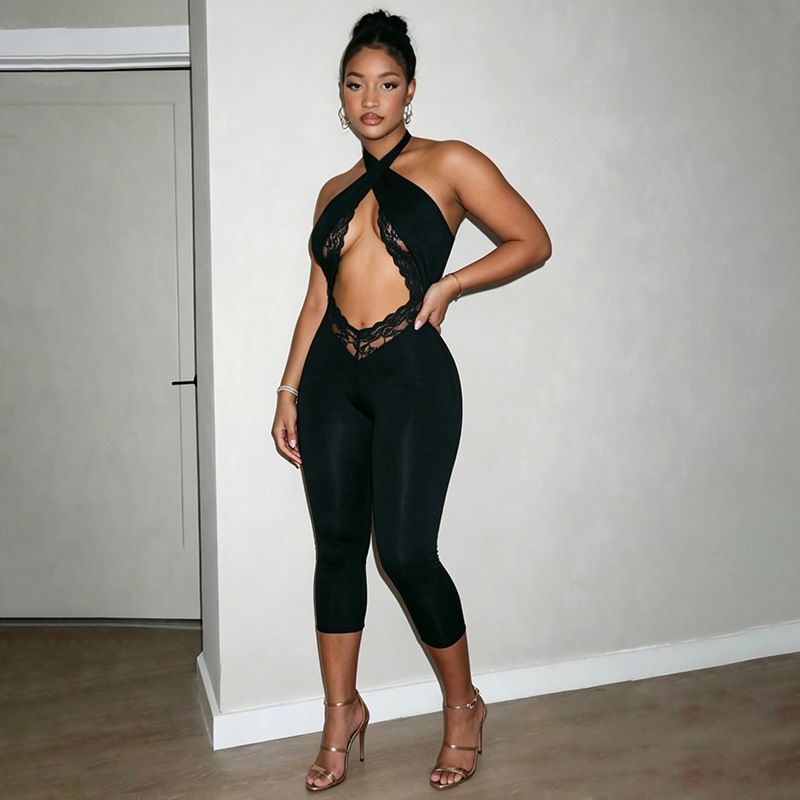 2026 Solid Color Cross Tie Up Jumpsuit GSZM-C26JP232 | DF - www