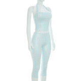 Plaid Print Halterneck Top Seventh Pants Suit GSZM-C26ST238