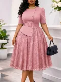 Plus Size Lace Patchwork Half Sleeve Midi Dress GATE-637