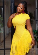Solid Color Knits Short Sleeve Tassel Midi Dress GKYS-3087