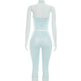Plaid Print Halterneck Top Seventh Pants Suit GSZM-C26ST238