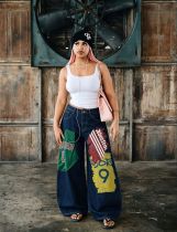 Plus Size Patchwork Graffiti And Print Loose Jeans GYLN-0824