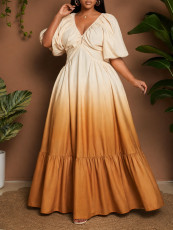 V Neck Puff Sleeve Gradient-Color Maxi Dress GYLY-11265