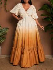 V Neck Puff Sleeve Gradient-Color Maxi Dress GYLY-11265