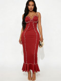 V Neck Beaded Shoulder Strap Maxi Dress GADE-10248